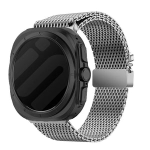 Modern Milanese Strap, titanium, on a watch, 3/4 front view