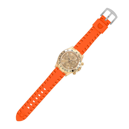 Wave Silicone Strap, orange, on a watch, 3/4 front view