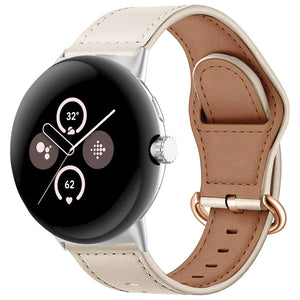 Leather Buckle Strap, beige, on a watch, 3/4 front view