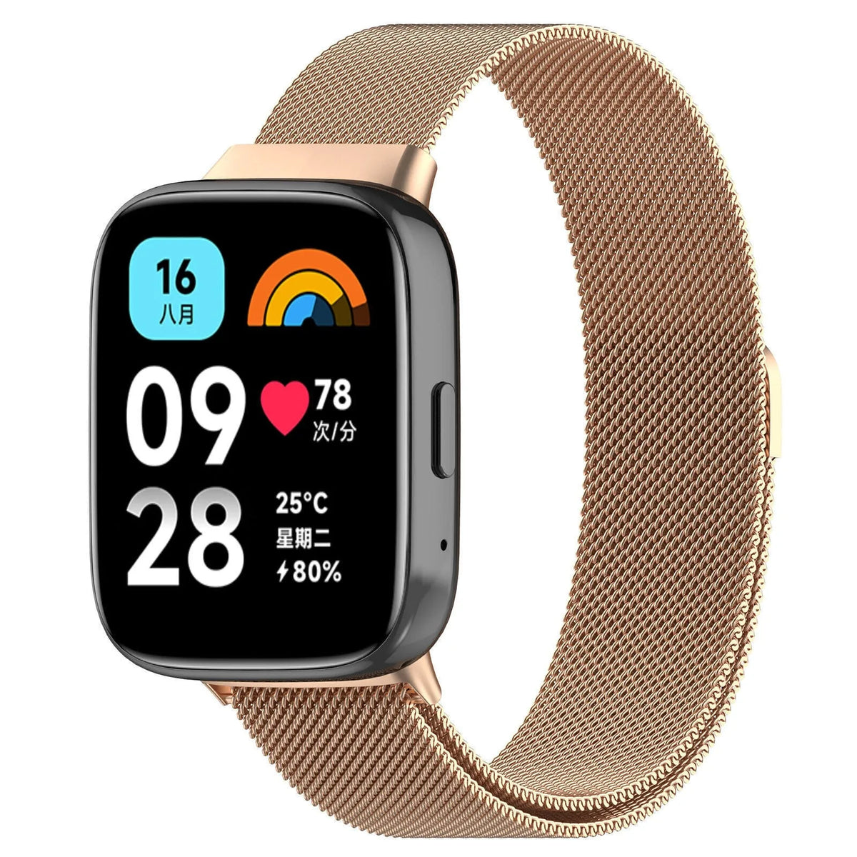 Milanese Strap, rose gold, on a watch, 3/4 front view