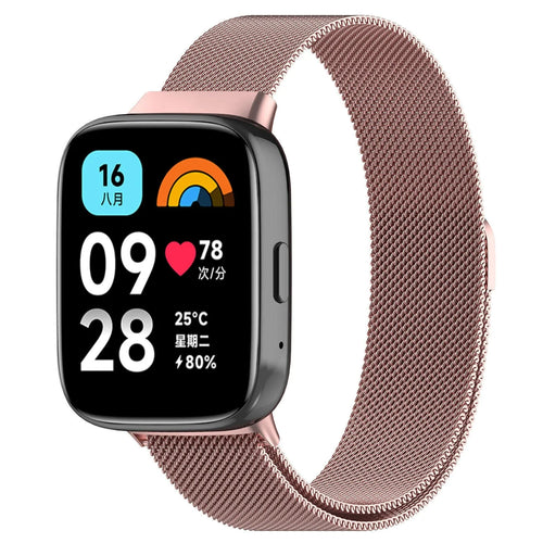 Milanese Strap, pink, on a watch, 3/4 front view