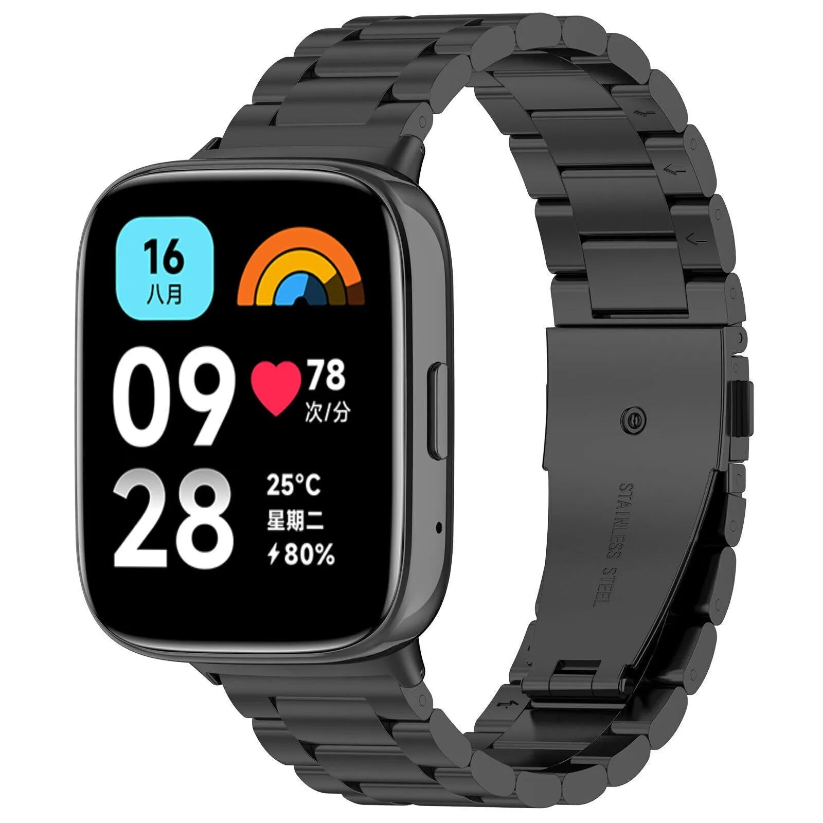Steel Strap, black, on a watch, 3/4 front view