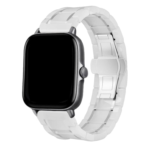 Metal Ceramic Link Strap, white/silver, on a watch, 3/4 front view
