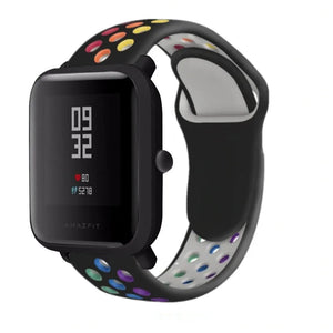 Silicone Sport Strap, black/colourful, on a watch, 3/4 front view