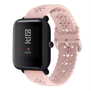 Patterned Silicone Strap, pink, on a watch, 3/4 front view