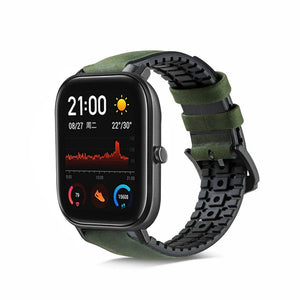 Leather Hybrid Strap, green, on a watch, 3/4 front view