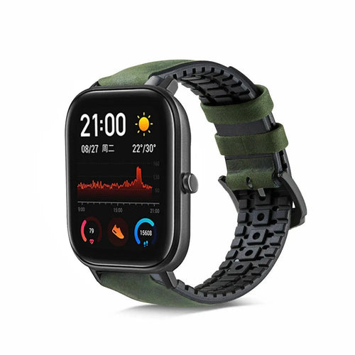 Leather Hybrid Strap, green, on a watch, 3/4 front view