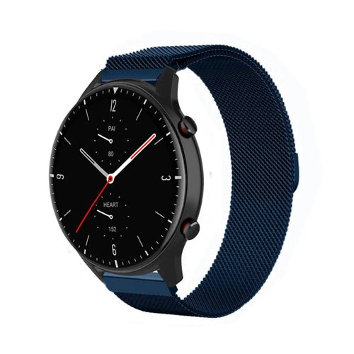 Milanese Strap, blue, on a watch, 3/4 front view