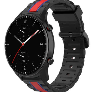 Silicone Special Edition Strap, black/red, on a watch, 3/4 front view