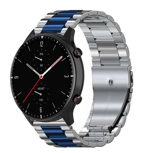 Steel Strap, silver/blue, on a watch, 3/4 front view