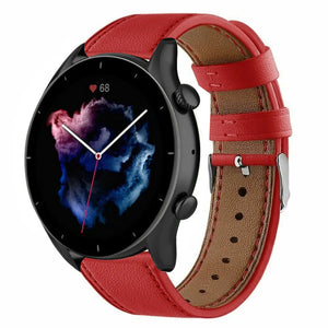Modern Leather Strap, red, on a watch, 3/4 front view