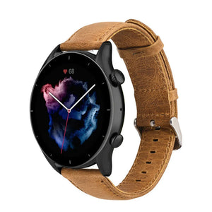 Leather Strap, brown, on a watch, 3/4 front view