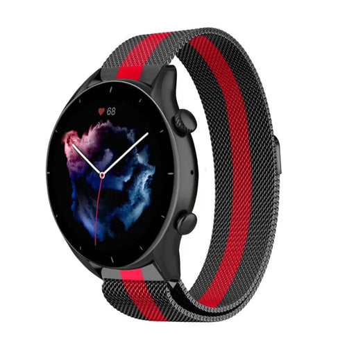 Milanese Strap, black/red, on a watch, 3/4 front view
