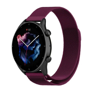 Milanese Strap, purple, on a watch, 3/4 front view