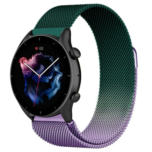 Milanese Strap, purple/green, on a watch, 3/4 front view