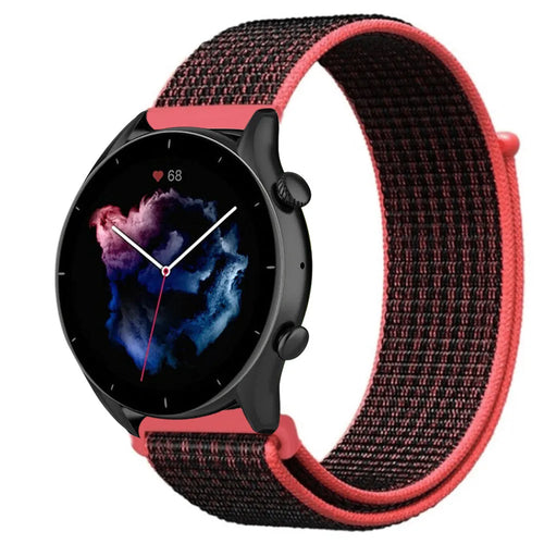 Nylon Strap, black/coral, on a watch, 3/4 front view