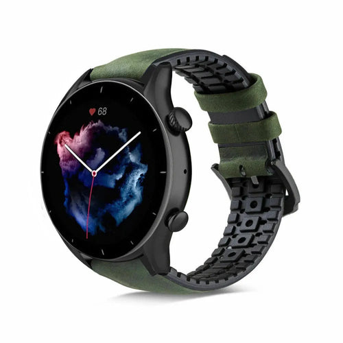 Leather Hybrid Strap, black/green, on a watch, 3/4 front view