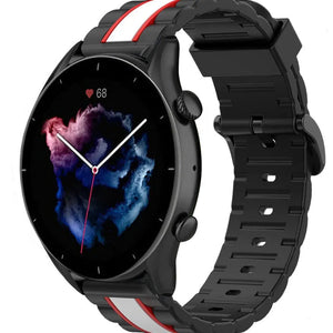 Silicone Special Edition Strap, black/white, on a watch, 3/4 front view