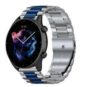 Steel Strap, silver/blue, on a watch, 3/4 front view