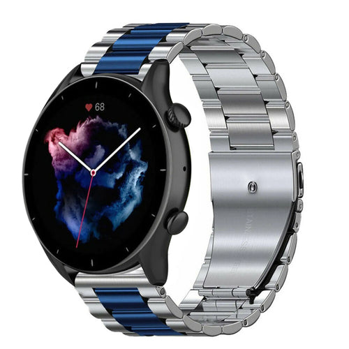 Steel Strap, silver/blue, on a watch, 3/4 front view