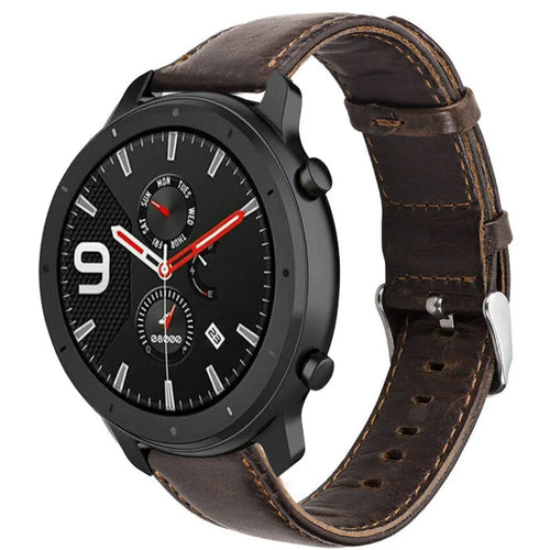 Leather Strap, dark brown, on a watch, 3/4 front view