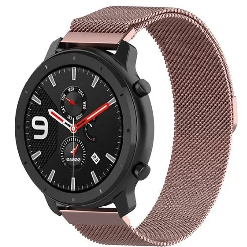 Milanese Strap, pink, on a watch, 3/4 front view