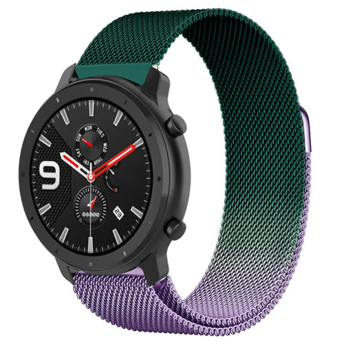 Milanese Strap, purple/green, on a watch, 3/4 front view