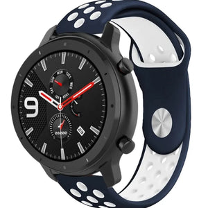 Silicone Sport Strap, blue/white, on a watch, 3/4 front view