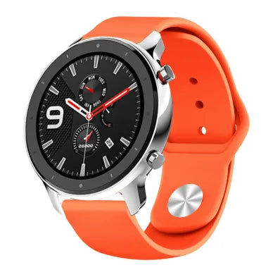 Silicone Sport Strap, orange, on a watch, 3/4 front view