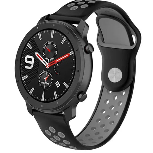 Silicone Sport Strap, black/grey, on a watch, 3/4 front view