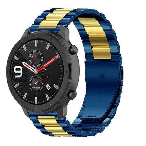 Steel Strap, blue/gold, on a watch, 3/4 front view
