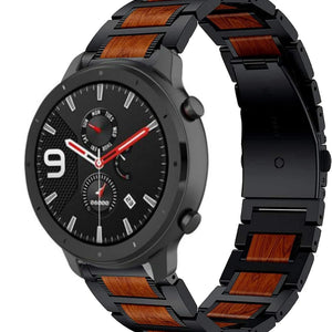 Wood Steel Strap, black, on a watch, 3/4 front view