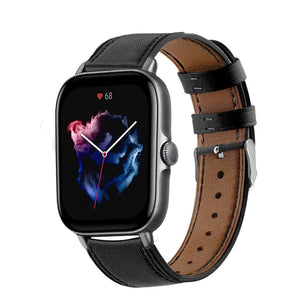 Modern Leather Strap, black, on a watch, 3/4 front view