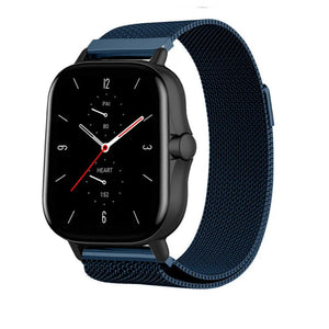 Milanese Strap, blue, on a watch, 3/4 front view