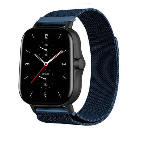 Milanese Strap, blue, on a watch, 3/4 front view