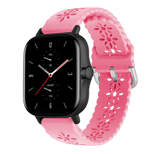 Patterned Silicone Strap, bright pink, on a watch, 3/4 front view