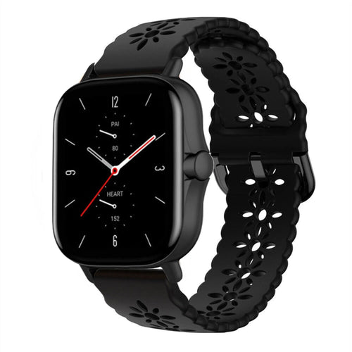 Patterned Silicone Strap, black, on a watch, 3/4 front view