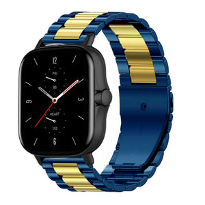 Steel Strap, blue/gold, on a watch, 3/4 front view