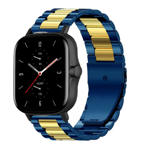 Steel Strap, blue/gold, on a watch, 3/4 front view