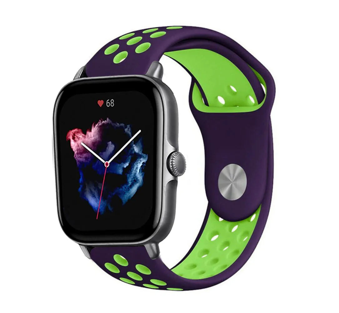 Silicone Sport Strap, purple/green, on a watch, 3/4 front view