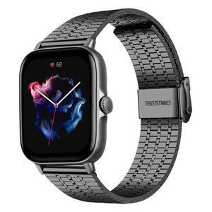 Fine Steel Strap, black, on a watch, 3/4 front view