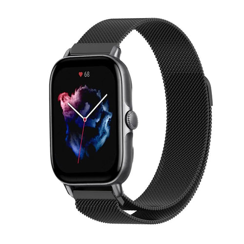 Milanese Strap, black, on a watch, 3/4 front view