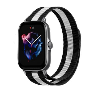 Milanese Strap, black/white, on a watch, 3/4 front view