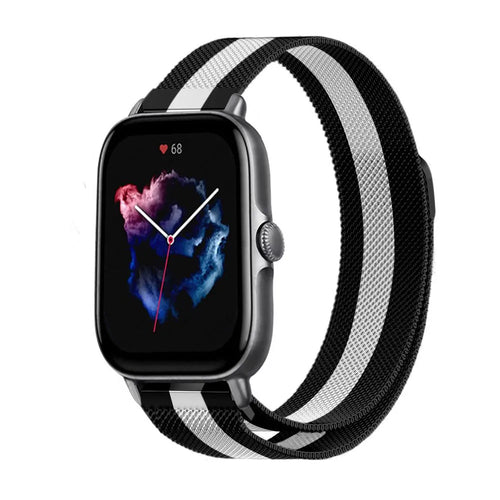Milanese Strap, black/white, on a watch, 3/4 front view