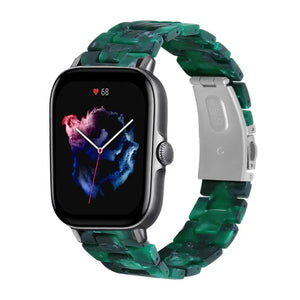 Metal Resin Strap, green, on a watch, 3/4 front view