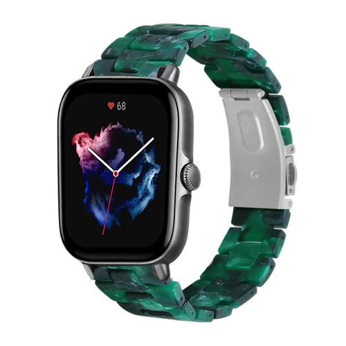 Metal Resin Strap, green, on a watch, 3/4 front view