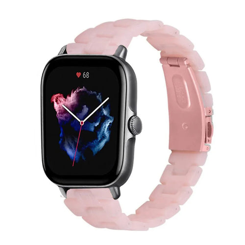 Metal Resin Strap, pink, on a watch, 3/4 front view