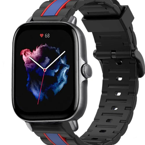 Silicone Special Edition Strap, black/blue, on a watch, 3/4 front view