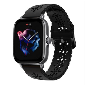 Patterned Silicone Strap, black, on a watch, 3/4 front view