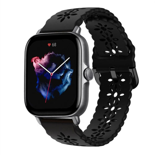 Patterned Silicone Strap, black, on a watch, 3/4 front view
